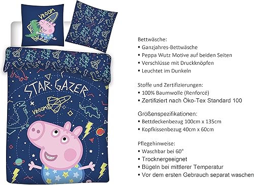 BrandMac Parure de lit Peppa Pig,100x135 cm et 40x60 cm,Motif Star Gazer avec George,Parure de lit pour enfant réversible,Brille dans le noir,Taie d'oreiller et housse de couette en 100 % coton - Nail Gallerys