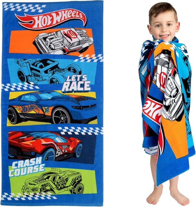 SRV Hub Hot Wheels Serviette de plage en coton pour enfants - 140 x 70 cm - Super douce et à séchage rapide - Motif course automobile - Pour garçons - Légère - Facile à transporter - Lavable en - Nail Gallerys