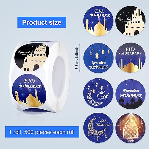 500pcs Autocollants Eid Mubarak, Autocollants Ramadan 3,8cm Décoration Musulmane Islamique Étiquettes Ramadan pour Décoration Fête de l'Aïd Fournitures de Fête du Ramadan(Style Bleu et Noir) - Nail Gallerys