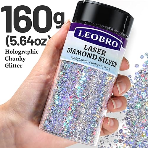 LEOBRO Glitter, Holographic Chunky Glitter, 160G/5.64OZ Silver Glitter, Craft Glitter for Resin, Metallic Iridescent Silver Chunky Glitter Sequins Flakes, Makeup Face Body Glitter, Christmas Glitter - Nail Gallerys