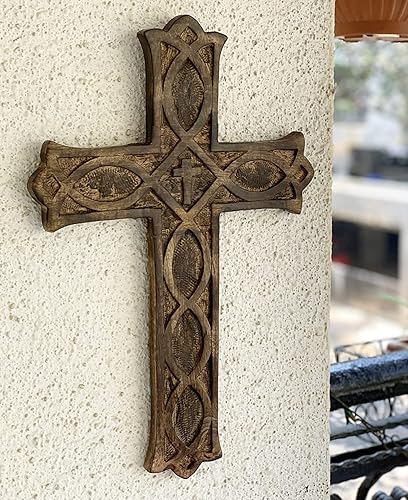 Plaque en Bois Croix Catholique Religieuse Crucifix Décoration Murale 45x30cm Plaque Française Sculpture Fleur Sculpture Salon Décoration Eglise Chapelle Antique Finition Rustique - Nail Gallerys