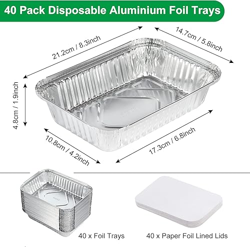 Dezzer Lot de 40 plateaux jetables en aluminium avec couvercles en papier, (21,2 cm x 14,7 cm x 4,8 cm) pour la cuisson, la cuisine, le four, le stockage des aliments, le barbecue - Nail Gallerys