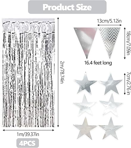 Kaari Silver Tinsel Curtains Foil Fringe Metallic Tinsel Curtains Photo Backdrop Set, Flag Bunting Banner, Glitter Paper Star Shape Garland for Birthday Wedding Bachelorette Party - Nail Gallerys