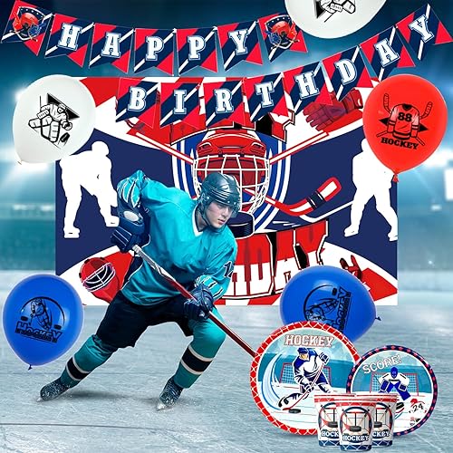 Décorations de fête de hockey comprenant une bannière Happy Birthday de hockey sur glace, une nappe de hockey, un support de table, des décorations de gâteau, des ballons de hockey pour anniversaire. - Nail Gallerys