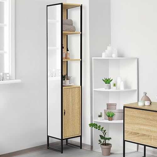 IDMarket - Meuble colonne salle de bain DETROIT 1 porte avec miroir et étagères design industriel - Nail Gallerys