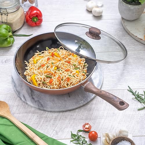Nuovva Wok en cuivre anti-adhésif – Poêle à frire profonde avec base à induction – Poêle à frire de 28 cm - Nail Gallerys