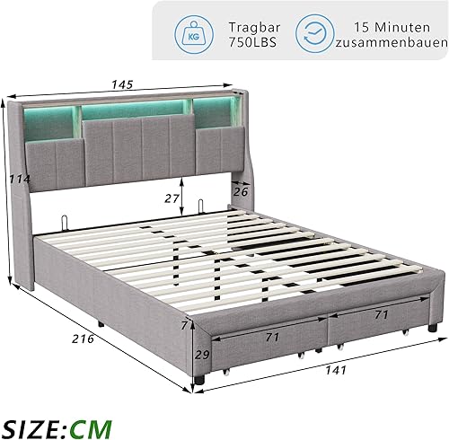 LONELYO Lit 160x200 avec Sommier LED et USB, Lit Double Rembourré avec 2 Tiroirs, Tete de lit avec Rangement, pour Adultes et Adolescents, Lin,Gris - Nail Gallerys