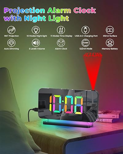 SZELAM Réveil à Projection, 18,7 cm, Horloge numérique LED, Grand écran, avec projecteur Rotatif à 180°, veilleuse RVB, Port USB C, Horloge de Bureau Moderne pour décoration de Chambre à Coucher - Nail Gallerys