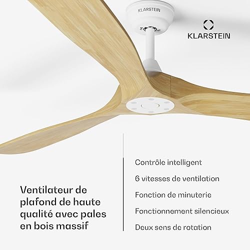 KLARSTEIN Ventilateur Plafond Bois Silencieux avec Télécommande, Ventilateur Plafond Smart 152 cm, 6 Vitesses, Fonction Été/Hiver, IoT Connecté, Économe en Énergie, pour Pièces Jusqu'à 35 m², Noyer - Nail Gallerys