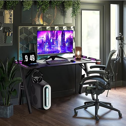 UISEBRT Bureau de jeu 160 x 60 cm Table de jeu en fibre de carbone avec lumière LED RVB Bureau d'angle ergonomique avec crochet pour casque et porte-boissons - Nail Gallerys