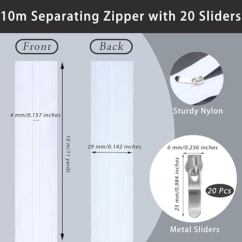 10m Fermeture Eclair en Nylon, #4 Fermeture à Glissière en Plastique à Extrémité Ouverte, Fermeture Eclair de Séparation Légère avec 20 Curseurs Argentés pour Jackets Doudounes Manteaux - Nail Gallerys