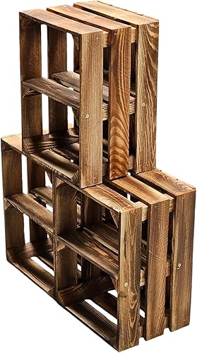 Teramico Lot de 3 caisses à vin en bois - Flammées - 40 x 30 x 25 cm - Avec étagère intermédiaire - Comme étagère et décoration (3 x cartes installées) - Nail Gallerys