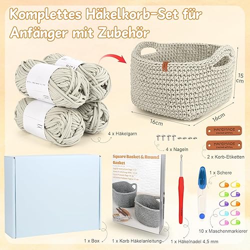 Coopay Kit de crochet pour débutants - Panier carré - Avec instructions de crochet - Kit de crochet DIY pour paniers - Apprentissage du crochet avec crochet de 4,5 mm - Fil épais - Pour débutants - Nail Gallerys