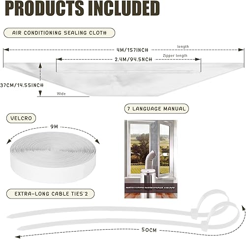FERRGIA 400CM Kit Calfeutrage Climatiseur Joint de Fenetre Fonctionne avec Les Unités de Climatisation et Sèche-Linge,Kit Joint de Fenêtre Climatisation Mobile,Double Fermeture éclair,Facile Installer - Nail Gallerys
