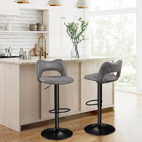 Yaheetech Lot de 2 Tabourets de Bar en Similicuir avec Dossier Oreillers Chat Réglables en Hauteur de 81,5 à 103 cm Chaises de Cuisine Pivotants avec Repose-Pied pour Cuisine Bistrot Gris - Nail Gallerys