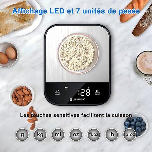UNIWEIGH balance alimentaire pour la cuisine,balance digitale grammes pour le poids des aliments,cuisson,cuisine,balance de cuisine avec 7 unités/affichage LED/fonction de tare,acier inoxydable,noir - Nail Gallerys