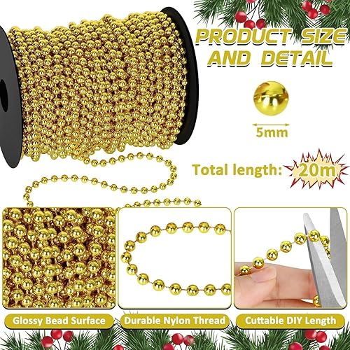 KAHEIGN 20M Guirlande de Perles de Noël, 5mm Chaîne de Perles en Plastique Rouleau de Rangs de Perles Artificielles pour Sapin de Noël Mariage Fêtes Bricolage Décoration Fournitures (Doré) - Nail Gallerys