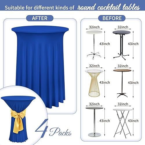 Lot de 4 jupes de table de bar extensibles pour tables de bistro Ø 80-85cm, nappe de cocktail ronde avec rideaux ondulés, nappe de cocktail avec plateau haut pour tables de bar(80 x 110 cm, bleu roi) - Nail Gallerys