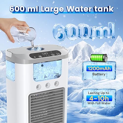 Climatiseur Mobile Portable Rafraichisseur d'air avec Batterie Rechargeable, 3 Vitesses, 3 Modes de Brume, Silencieux, 60° Oscillation, 600ML Réservoir, Lumière LED pour Camping, Bureau et Maison - Nail Gallerys