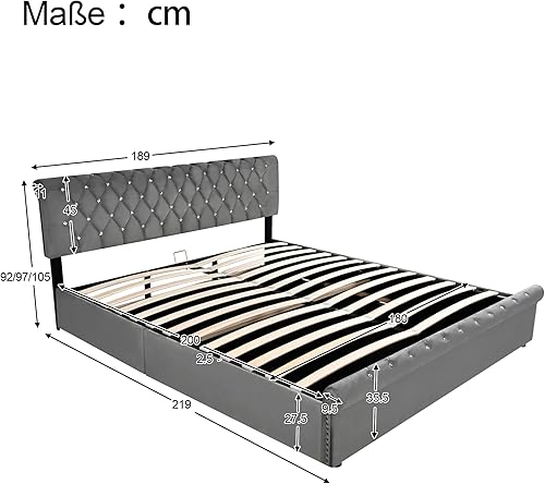 Darywell Lit capitonné, avec sommier à lattes et tête de lit, tête de lit réglable en hauteur, lattes en bois, montage facile, velours, gris, 90 x 200 cm - Nail Gallerys