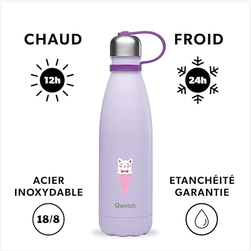 Qwetch - Bouteille Isotherme Kids Violet 500ml - Gourde Nomade Inox - 24h Froid et 12h Chaud - Etanche, Sans BPA & Réutilisable - Gourde isotherme pour Sport, Voyage, Bureau, Randonnée - Nail Gallerys