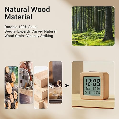 HERMIC Réveil Numérique en Bois, Réveil de Chevet avec Écran LCD, Réglage Automatique de la Luminosité, Snooze, Température, Date, Semaine, 12/24H,Alimentation par Piles(3*AAA Batteries Inclus) - Nail Gallerys