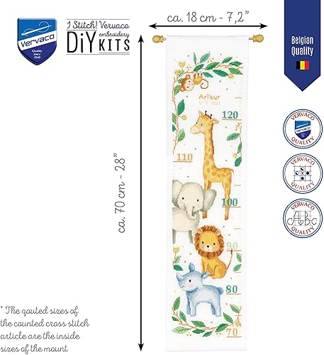 VERVACO Point De Croix Compté Kit DIY Cadeau Mesure De La Hauteur Enfant ANIMAUX DE LA JUNGLE Tableau Complet Kit De Broderie Loisir Créatif Maison Décoration ca. 18 x 70 cm Cross Stitch Height Chart - Nail Gallerys