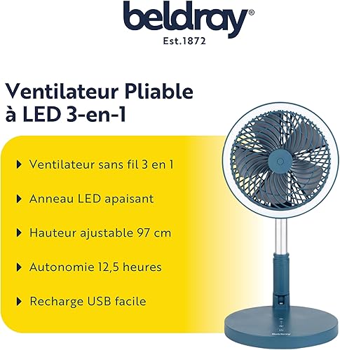 Beldray EH3413B Cooling Fan, Cordless Folding 3 In 1 Cooler, USB Rechargeable Desk/Pedestal/Wall Fan, For Home, Office, Bedroom, Adjustable Standing Room Fan, LED Ring Light, 3 Speed Settings, Blue - Nail Gallerys