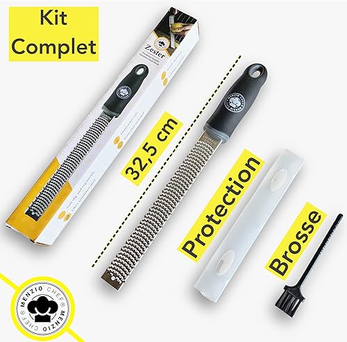 MENZIO CHEF [Marque Française] Zesteur d’agrume râpe Manuelle de Cuisine Parmesan Citron Orange Gingembre Ail Muscade Chocolat Noix Coco Fromage Truffe - Lame en Acier - Protection et Brosse - Nail Gallerys