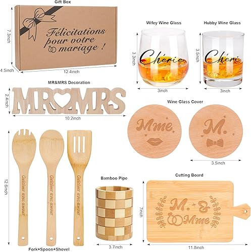 Tapis et Ensembles Coffret Cadeau de Mariage 10 Pièces, Bambou avec Planche, Verres, Dessous de Verre, Ustensiles de Cuisine, Support et Décoration MR & MRS,Cadeau Couple Marié - Nail Gallerys