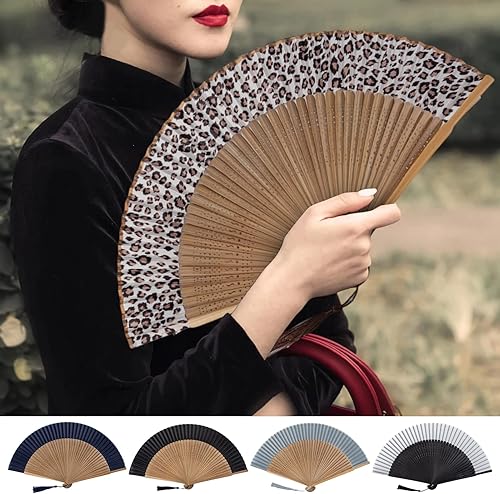 Wilitto Éventail pliable avec pompon, imprimé léopard, motif floral, éventail à main plié, accessoire de danse archaistique, accessoires de danse de mariée, cadeau de mariage, fête prénatale, D - Nail Gallerys