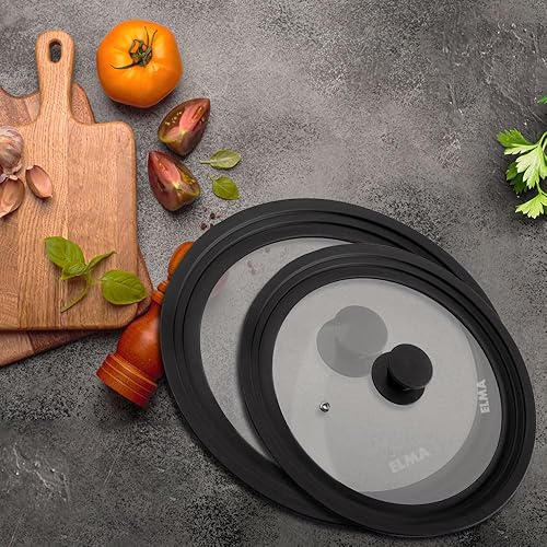 ELMA Set de 2 Couvercles Universels pour Casseroles, Poêles et Casseroles | Verre Trempé avec Bord en Silicone Résistant à la Chaleur, Tailles Multiples (Ø16-18-20 et Ø24-26-28 cm) - Nail Gallerys