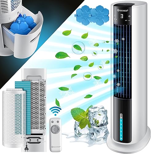 KESSER® Climatiseur mobile 4en1 Colonne de climatisation, fonction de ventilateur, refroidisseur d'air, humidificateur, ioniseur, télécommande, minuterie, réservoir d'eau, 60W, blanc/noir - Nail Gallerys