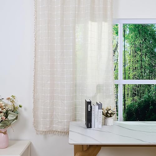 ggaimwf 117x183cm Rideau de Poche à Tige à Rayures Boho avec Pompon Beige Écossais Bohème Polyester-Lin Style campagnard Semi-Transparent pour fenêtres Salon Chambre Salle à Manger,1 Panneau Simple - Nail Gallerys