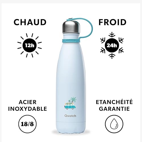 Qwetch - Bouteille Isotherme Kids Bleu 500ml - Gourde Nomade Inox - 24h Froid et 12h Chaud - Etanche, Sans BPA & Réutilisable - Gourde isotherme pour Sport, Voyage, Bureau, Randonnée - Nail Gallerys