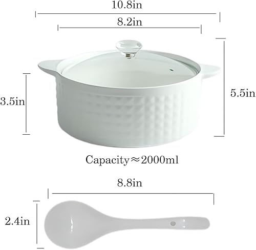 Soupière de service en céramique avec couvercle en verre et louche en céramique de 2L, grands bols de service en porcelaine pour la maison, la cuisine, le restaurant, la décoration blanche, moderne - Nail Gallerys