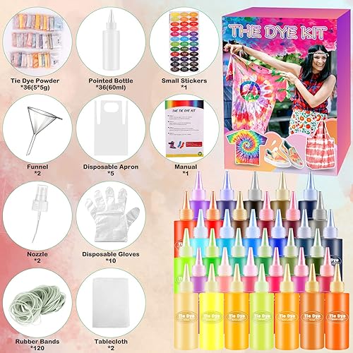 VIPNAJI 36 Couleurs Tie Dye Kit, Kit Tie-Dye Peinture Textile Teinture Permanente Art & Crafts, Teinture Tissu pour Enfants Adultes, Non Toxique teinture vetement, avec nappe gants tablier etc(250pc) - Nail Gallerys