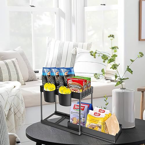 Wodovia Rangement sous Evier 2 Niveaux, Coulissant Organiseur sous Évier Etagere Tiroir avec 4 Crochets et 2 Vasques Suspendues Rangement Coulissant pour Cosmétiques Cuisine Salle de Bain, Noir - Nail Gallerys