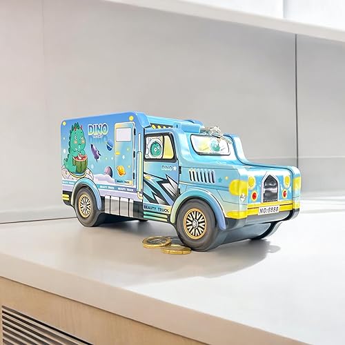 Tirelire pour enfant en forme de camion avec cadenas - Dinosaure Licorne, Astronaute - Métal (Camion Dino) - Nail Gallerys