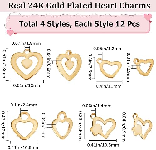 Beebeecraft 1 boîte 48 pièces Pendentif Coeur Breloques en Laiton Plaqué Or 24K 4 Styles Pendentifs en Forme de Coeur avec Trou pour la Fabrication de Bijoux à Bricoler Soi Même - Nail Gallerys