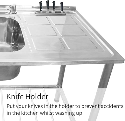 KuKoo - Evier Professionnel/Plonge sur Pied à Doubles Bacs en Acier Inoxydable avec Etagère de Rangement Inférieure et Robinet – Egouttoir à Droite - Nail Gallerys