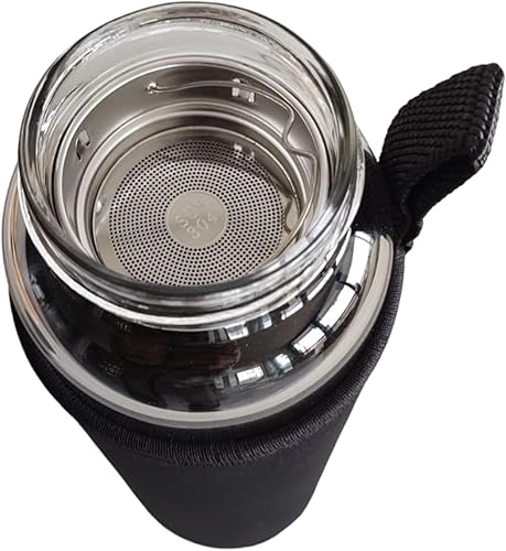 Gourde avec infuseur à thé en verre, noir, 1 l, bouteille de sport, bouteille d'eau en verre borosilicate, bouteille d'eau de vélo, bouteille en verre avec infuseur à thé et couvercle en acier - Nail Gallerys