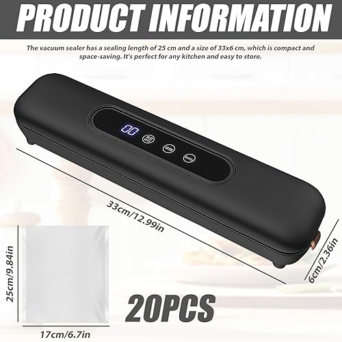 LEKEFETO Machine à emballer sous vide avec 20 sacs sous vide, compacte, pour aliments, facile à utiliser avec écran tactile étanche, soudeuse de film avec une longueur de scellage de 25 cm (noir) - Nail Gallerys