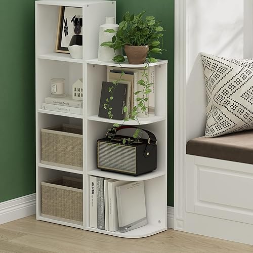 Furinno Pasir Bibliothèque d'angle ouverte à 3 niveaux, Blanc, 3-Tier Corner - Nail Gallerys
