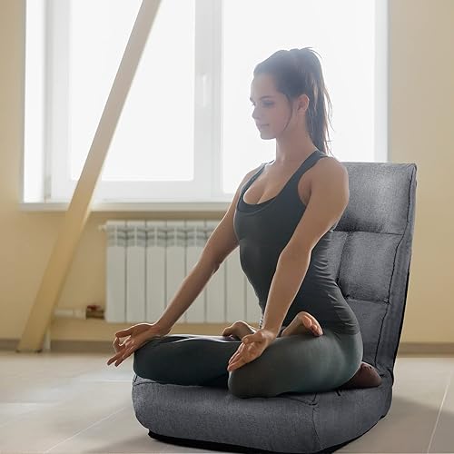 RELAX4LIFE Fauteuil Bas Multiposition Réglable Dossier 4 Positions Charge 140kg, Chauffeuse Convertible en Lin Appui-tête en 5 Positions Fauteuil Paresseux 1 Place Adulte Enfant (Lin, Gris) - Nail Gallerys