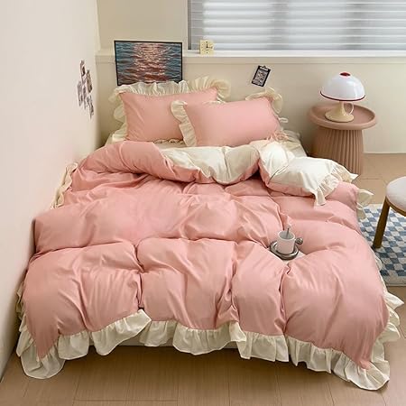 QSYEDR Housse de Couette à Volants, Rose et Beige Réversible Style Princesse Française Romantique pour Filles Housse de Couette Unie Chic à Volants avec Fermeture Éclair pour Lit Simple - Nail Gallerys
