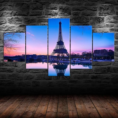 WAGYU 5 piece toile 5 pieces tableau mural,impression sur toile 5 parties toile 5 pièces Tour Eiffel Paris Coucher de Soleil Rose Paysage,tableau toile,tableau xxl 5 parties,decoration murale chambre - Nail Gallerys