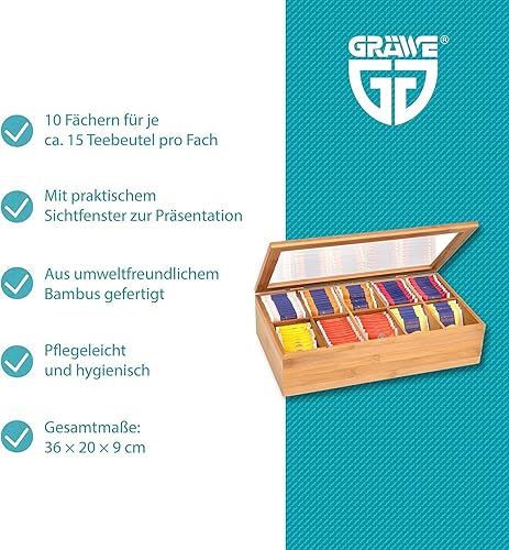 GRÄWE Boîte à thé en bambou avec 10 compartiments, couvercle rabattable, fenêtre transparente, boîte à sachets de thé pour conserver les arômes - 36 x 20 x 9 cm - Nail Gallerys
