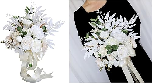 Hangsu Bouquets de mariée blancs avec ruban pour demoiselles d'honneur, anniversaire, photographie de mariage - Nail Gallerys