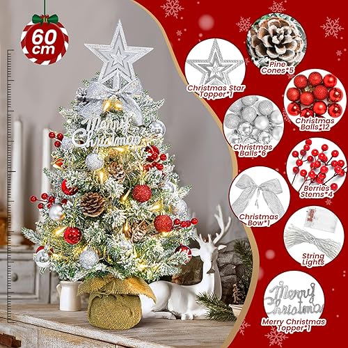 Mini Sapin de Noël Artificiel avec Lumineux LED, 60cm Petit Arbre de Noël Décoré avec Ornements, Mini Arbre de Noël pour Décoration de Table Bureau Interieur - Nail Gallerys